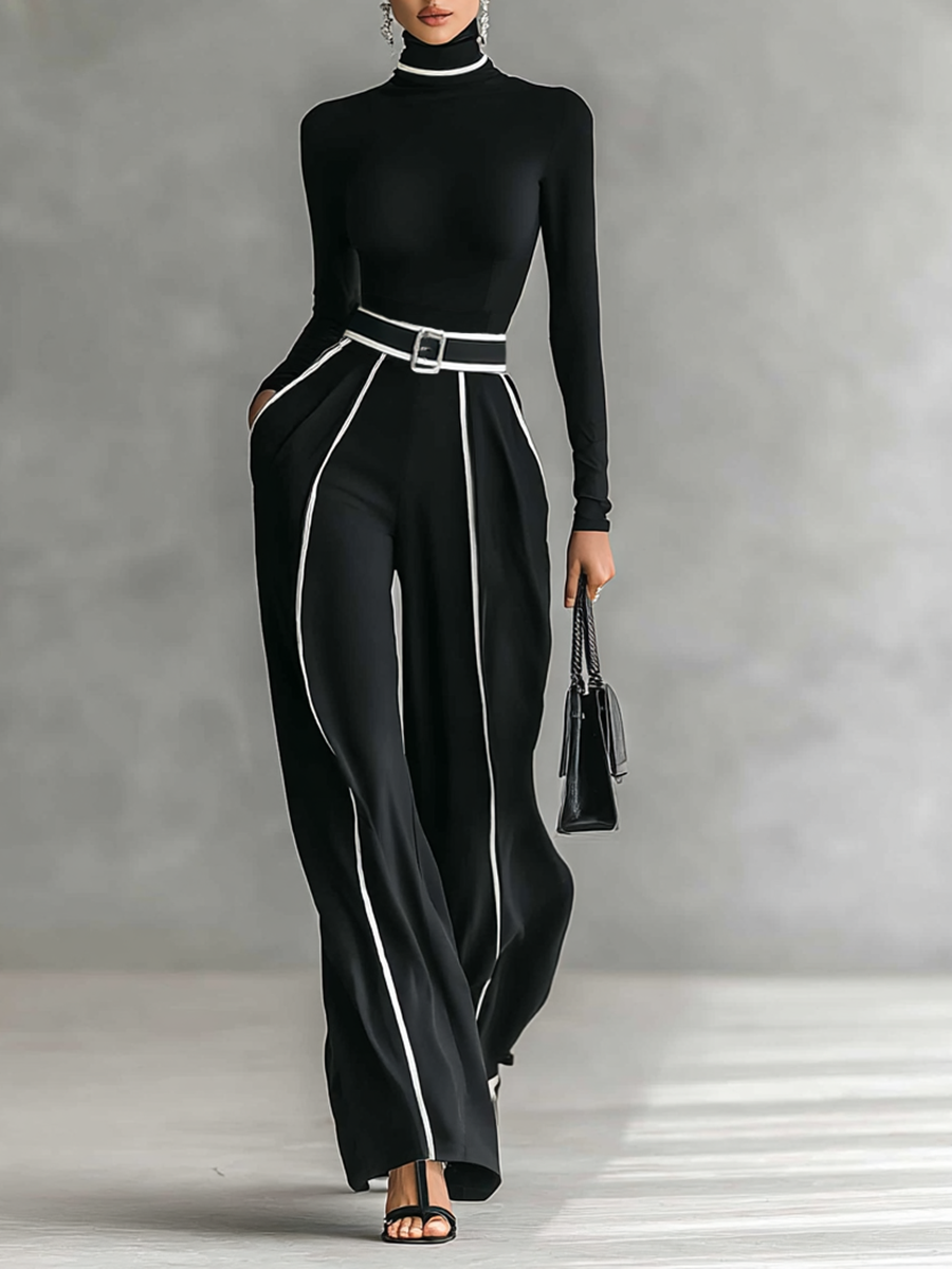 Conjunto de duas peças para menina com blusa de gola alta de manga comprida, calças largas e cinto
