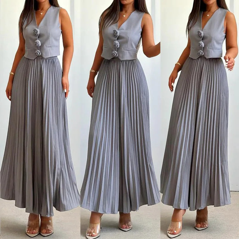 Rosaire | Conjunto com Colete Floral e Saia Plissada