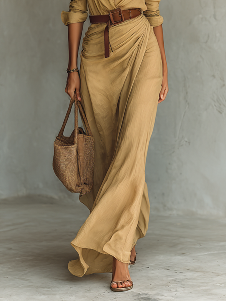 Vestido longo longo com gola de lapela e cinto inclusos