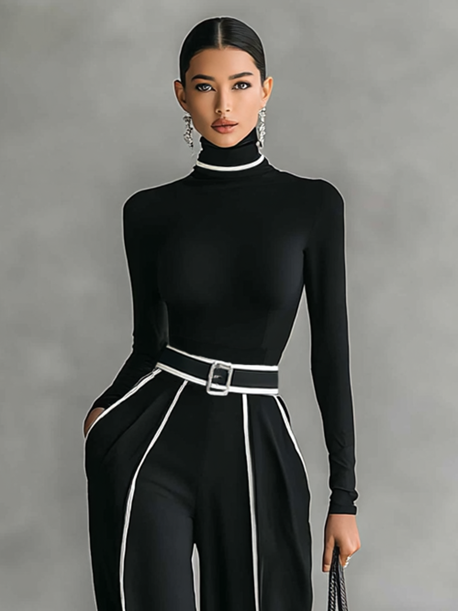 Conjunto de duas peças para menina com blusa de gola alta de manga comprida, calças largas e cinto