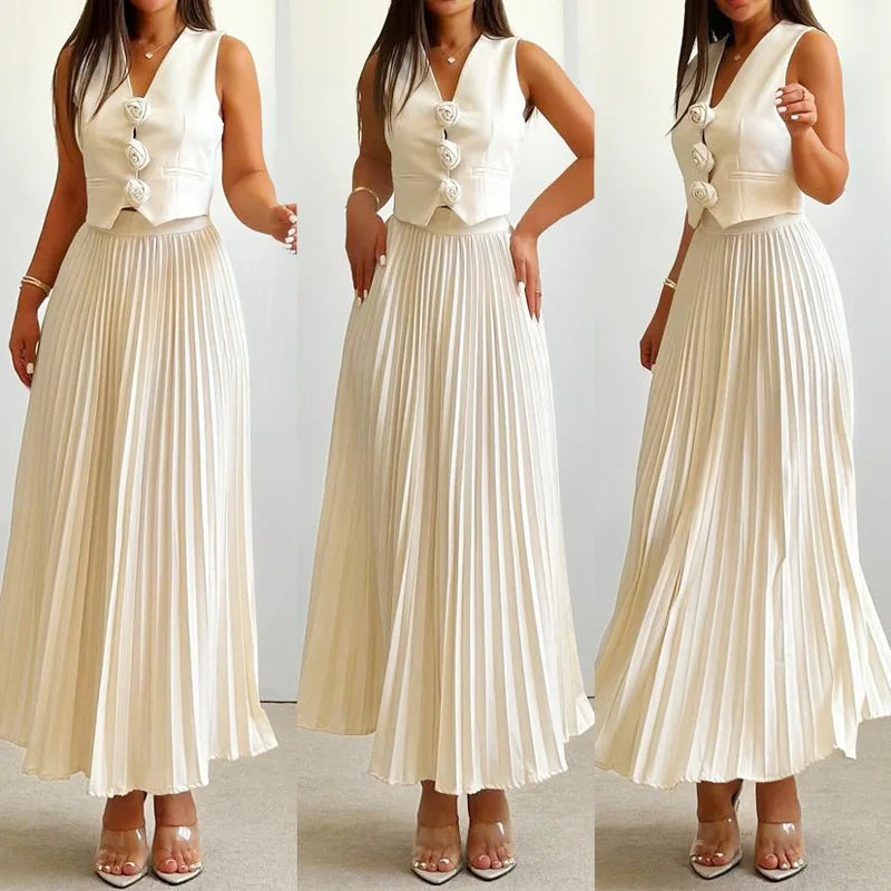 Rosaire | Conjunto com Colete Floral e Saia Plissada